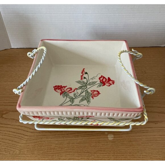 Temptations Morning Glory Baking Dishes Square 1 & 2 Qt w Lids Wire Holder Rare - Picture 3 of 8